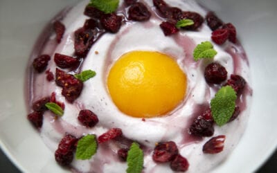 Receta: Cremoso de vino tinto con melocotón de Calanda y gominola de vino